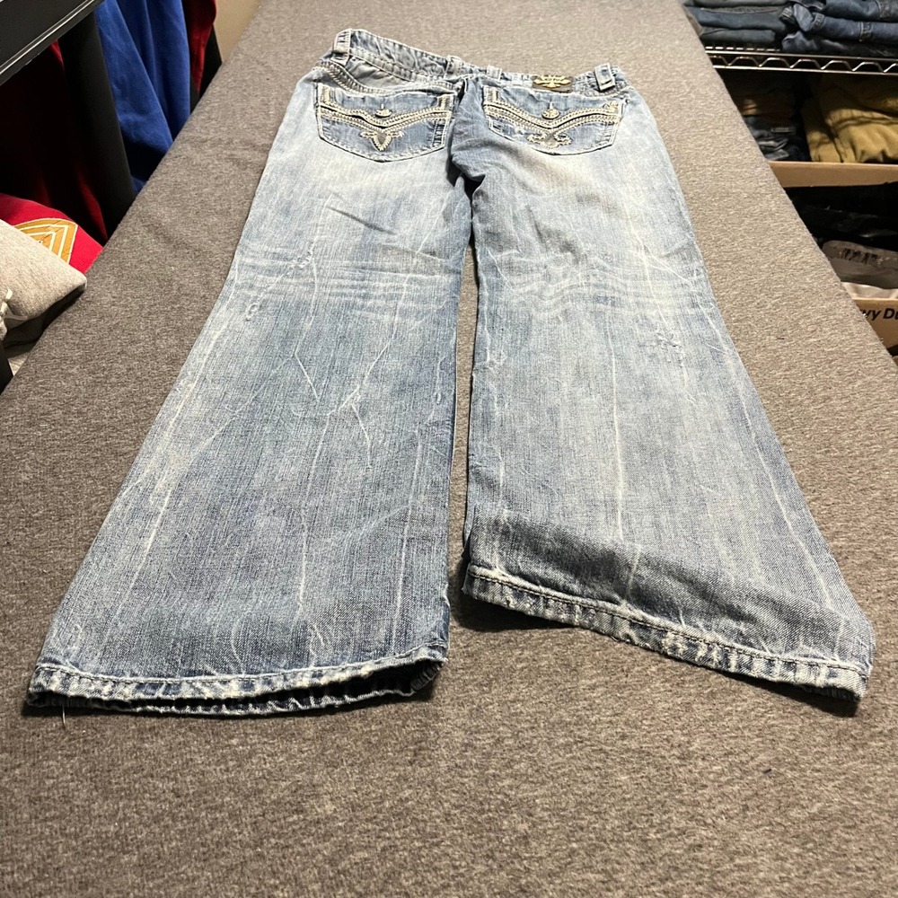 Rock Revival Tyson Boot Cut Jeans Mens 34x34 Distressed Blue Denim Fleur De Lis